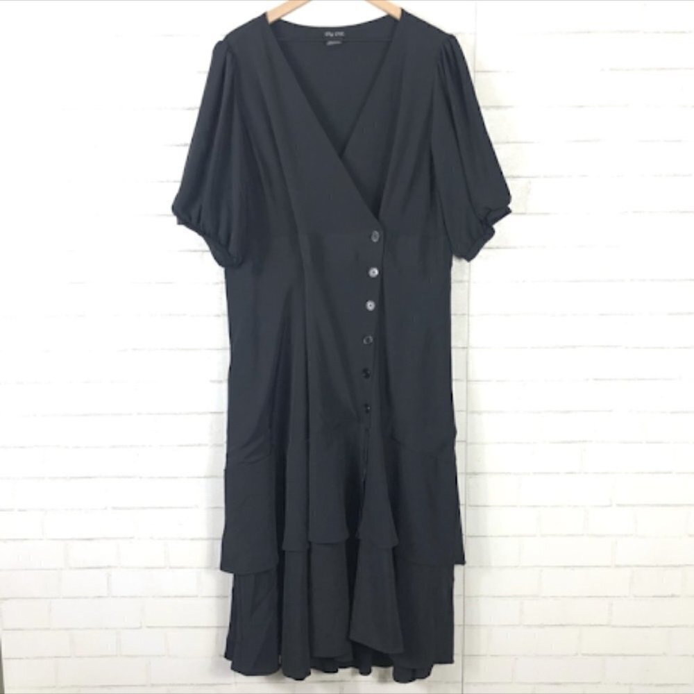 City Chic Black Dress Asymmetrical Button Tiered Ruffle V Neck Salas Wedding S - Picture 10 of 10